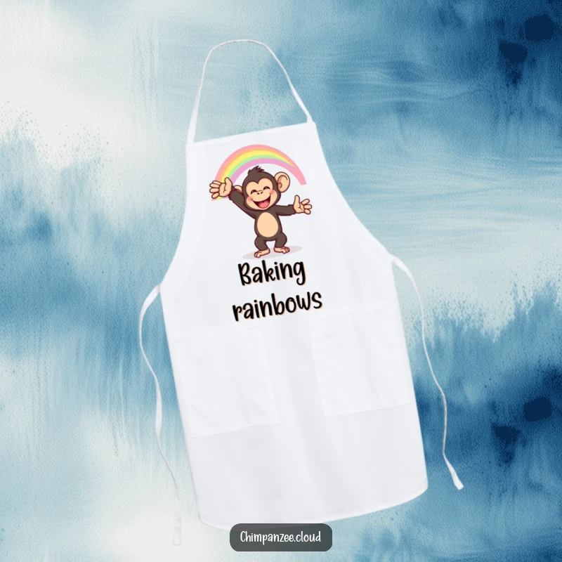 Funny chimpanzee reaching for a rainbow, wearing an apron, joyful kitchen humor.