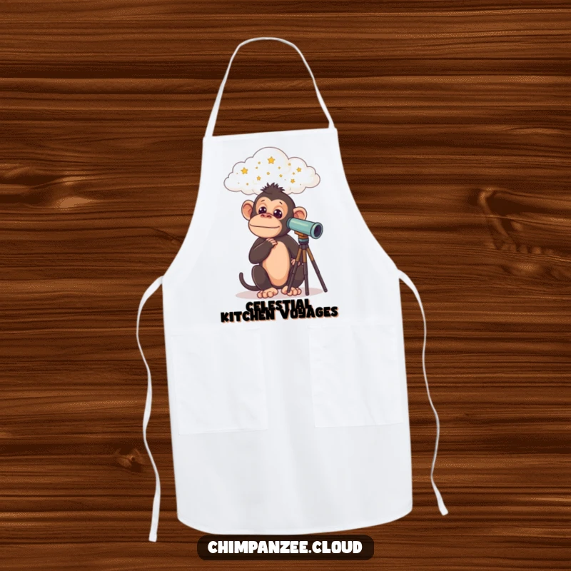 Funny Chimp Apron: Curious chimpanzee with a telescope on a cloud, looking at stars, adding humor to the kitchen, a funny gift.