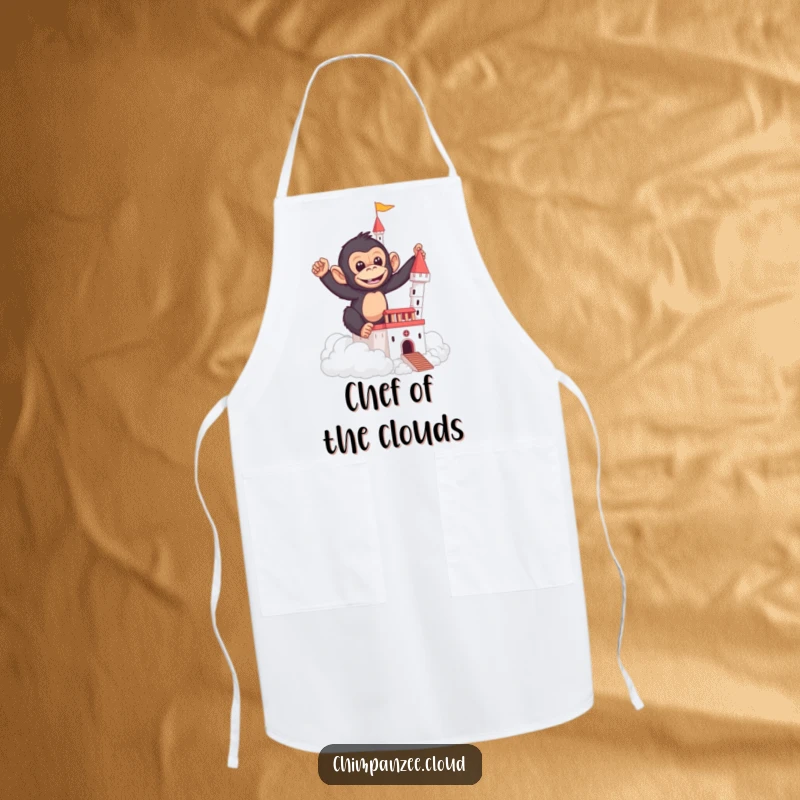 Funny apron for cooks featuring a mischievous chimpanzee building a castle out of clouds.