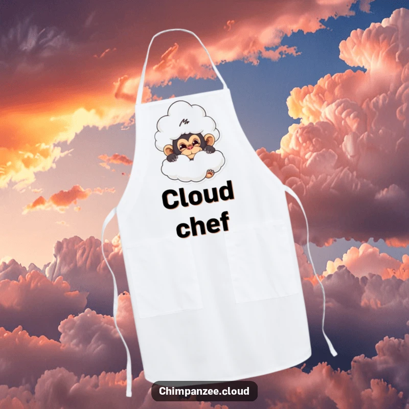 Funny apron featuring a mischievous chimpanzee hiding behind a fluffy cloud, a whimsical and functional accessory.