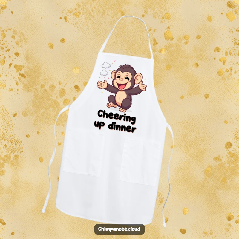 Funny Chimp Apron: Cheerful chimpanzee showering cloud confetti, perfect for kitchen fun and a funny gift for cooks.