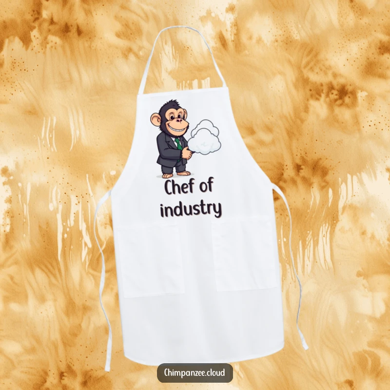 Funny Chimp Executive Chef Apron: A chimpanzee in a suit shakes hands with a cloud, adding humor to cooking.