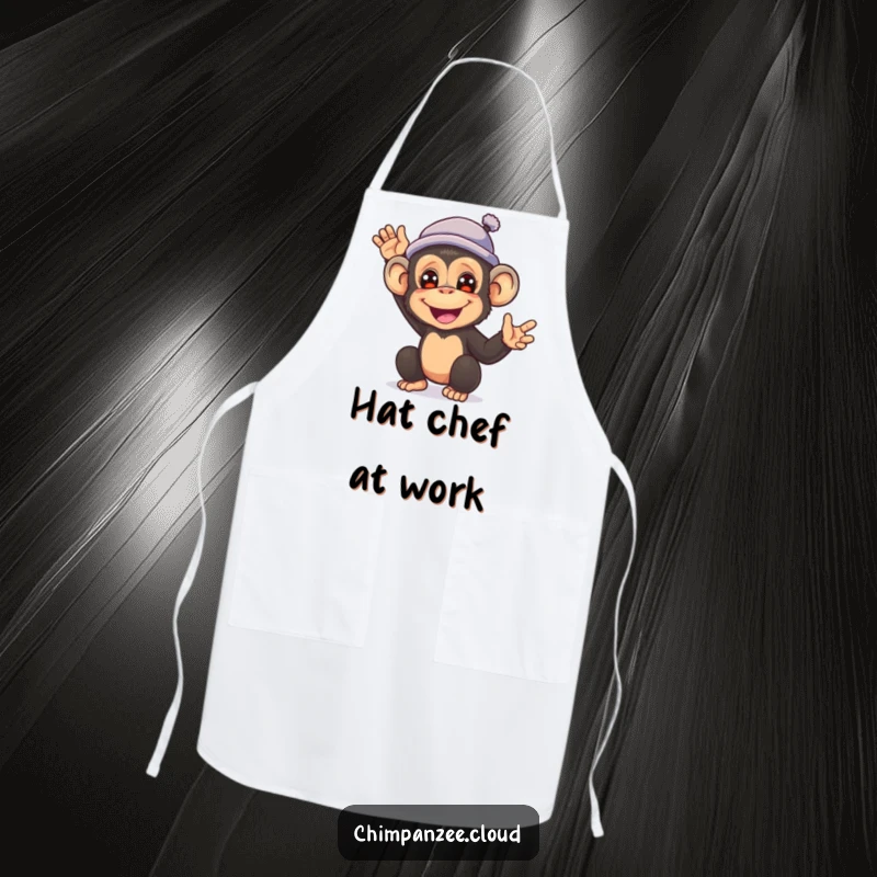 Funny apron for cooks featuring a happy chimpanzee wearing a small hat and waving hello.