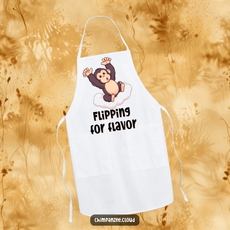 Funny chimpanzee performing a somersault on a cloud, featured on a kitchen apron, making cooking activities more humorous.