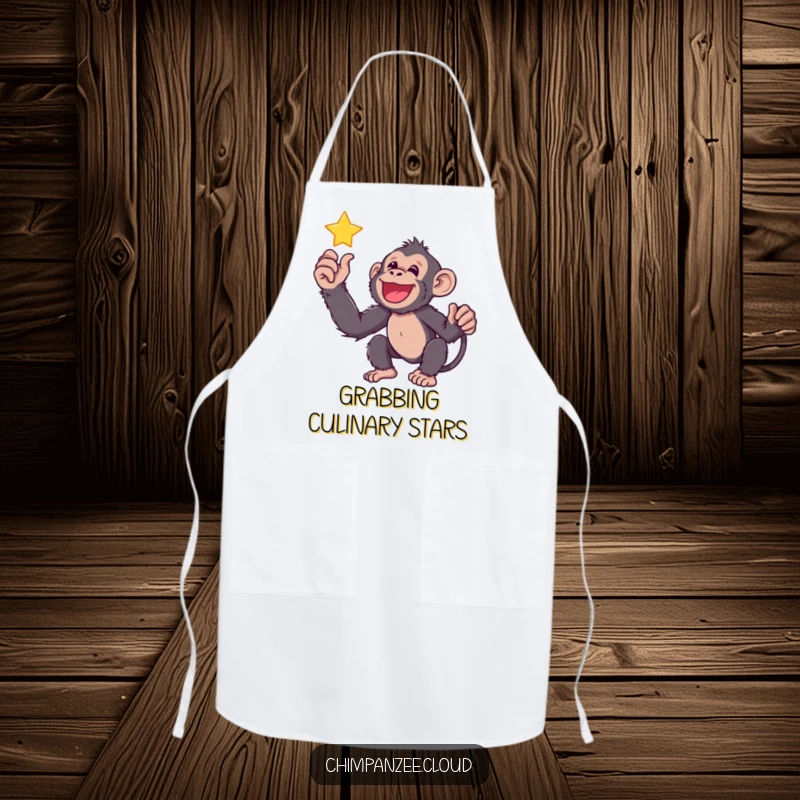 Funny chimp reaching for a twinkling star, wearing a chef apron, ready to cook up something amazing.