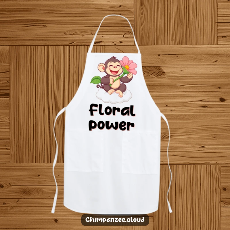 Funny chimpanzee character holding a flower on a cloud, printed on a practical apron for hilarious and happy cooking experiences.