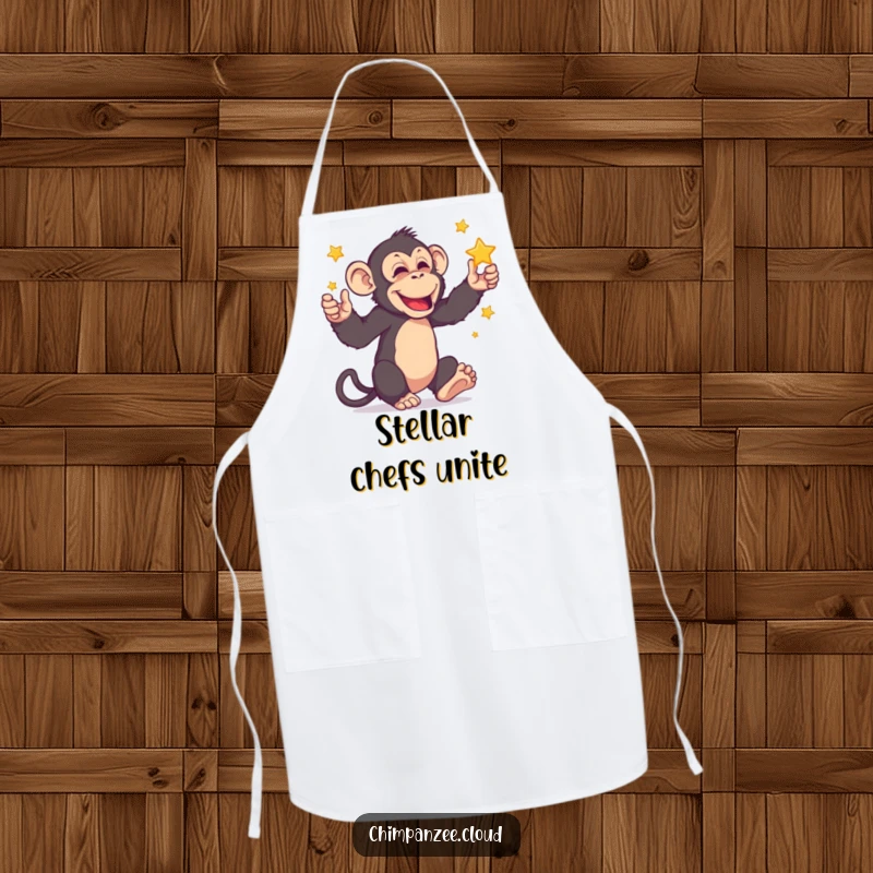 Funny chimpanzee juggling tiny stars, featured on an apron, bringing celestial-themed humor to your culinary creations.
