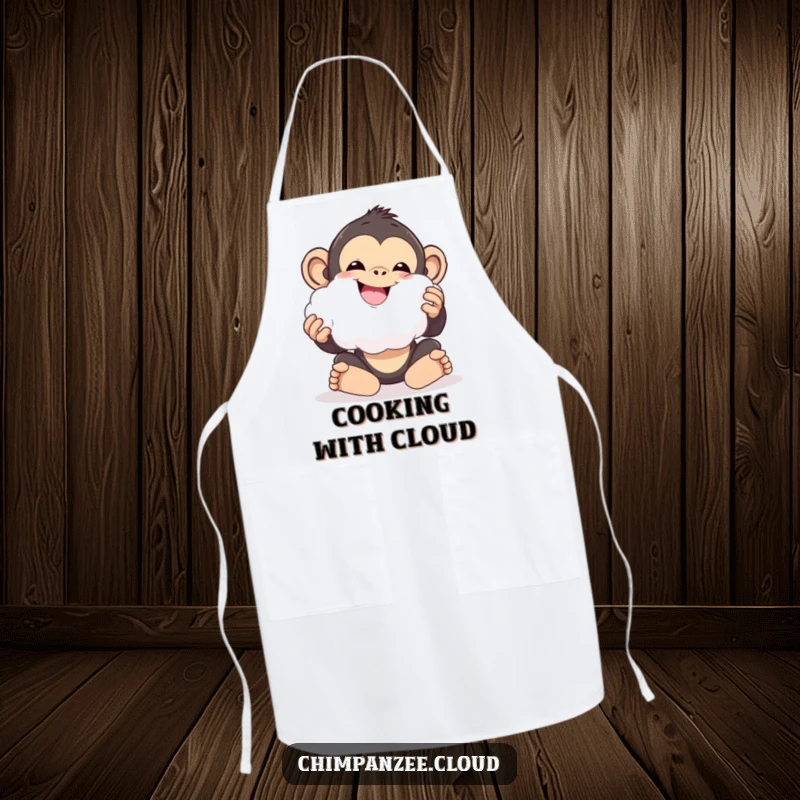 Funny chimpanzee playing with a cloud fluff ball, wearing a whimsical apron, for kitchen playfulness.