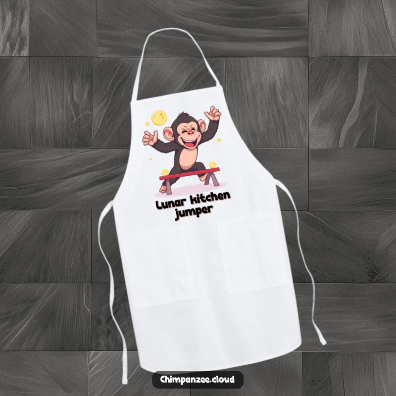 Funny chimpanzee apron, playing leapfrog with moons in the kitchen, humorous and practical culinary wear.