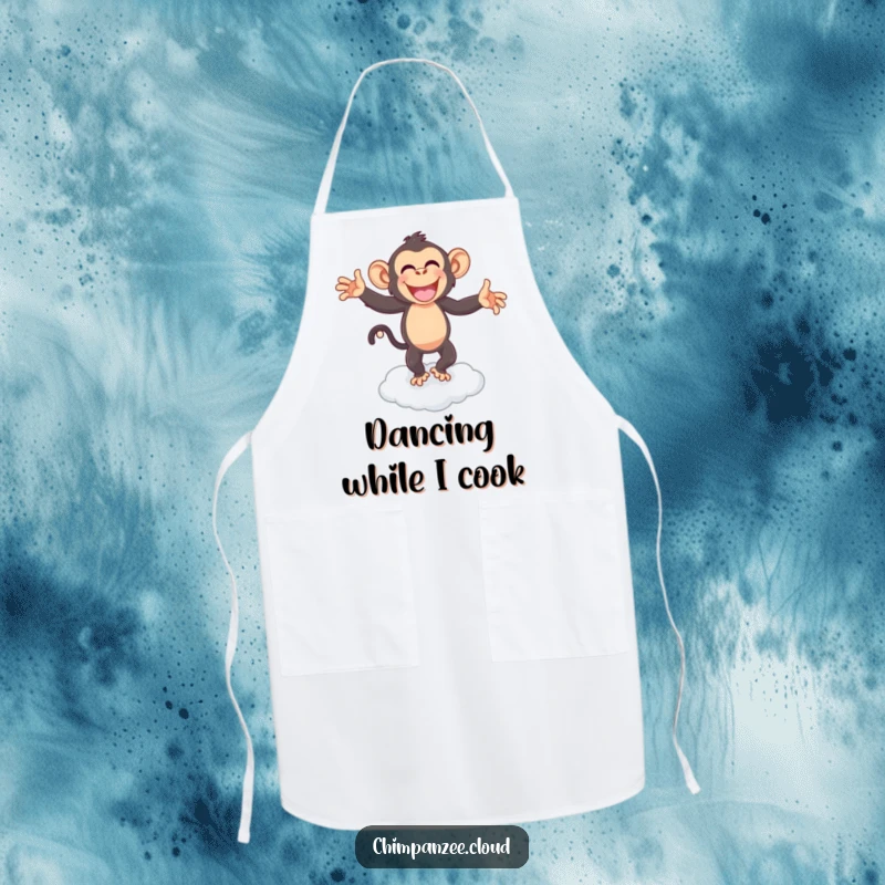 Funny chimpanzee dancing on a cloud, a humorous apron for kitchen fun and energetic cooking.