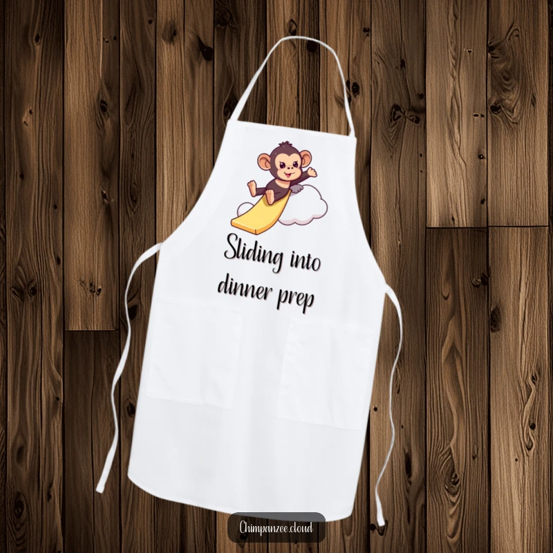 Funny playful chimpanzee apron sliding down a cloud like a slide, perfect kitchen wear for chefs who enjoy humorous adventures.