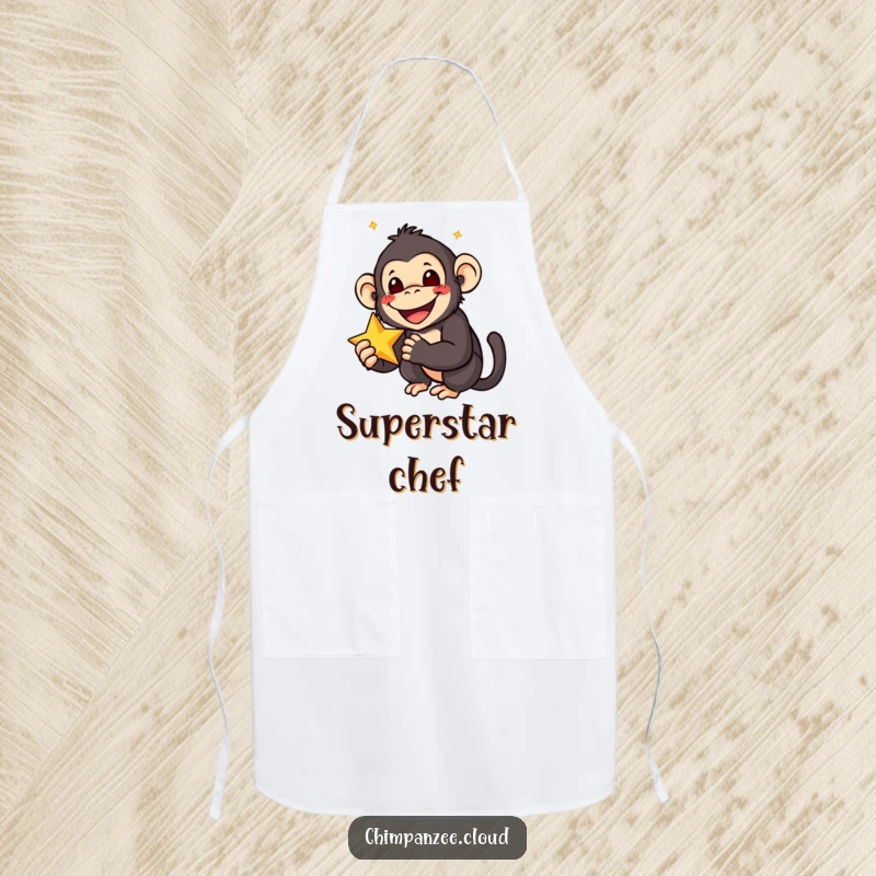 Funny apron showcasing a smiling chimpanzee with wide eyes, holding a star, bringing delightful joy to kitchen tasks.