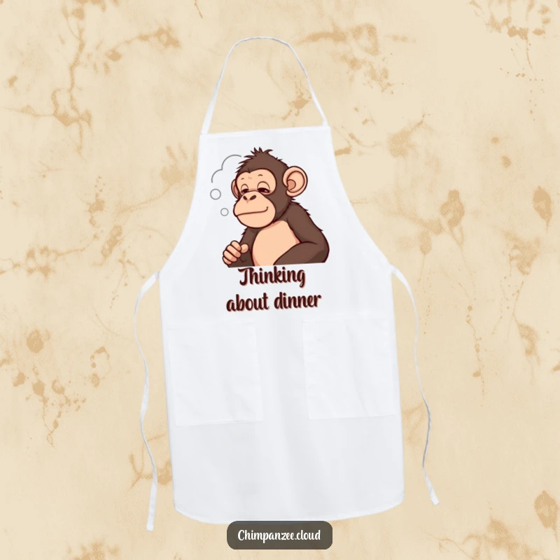 Funny chimpanzee looking thoughtfully at a cloud, a humorous apron for contemplating recipes with a smile.