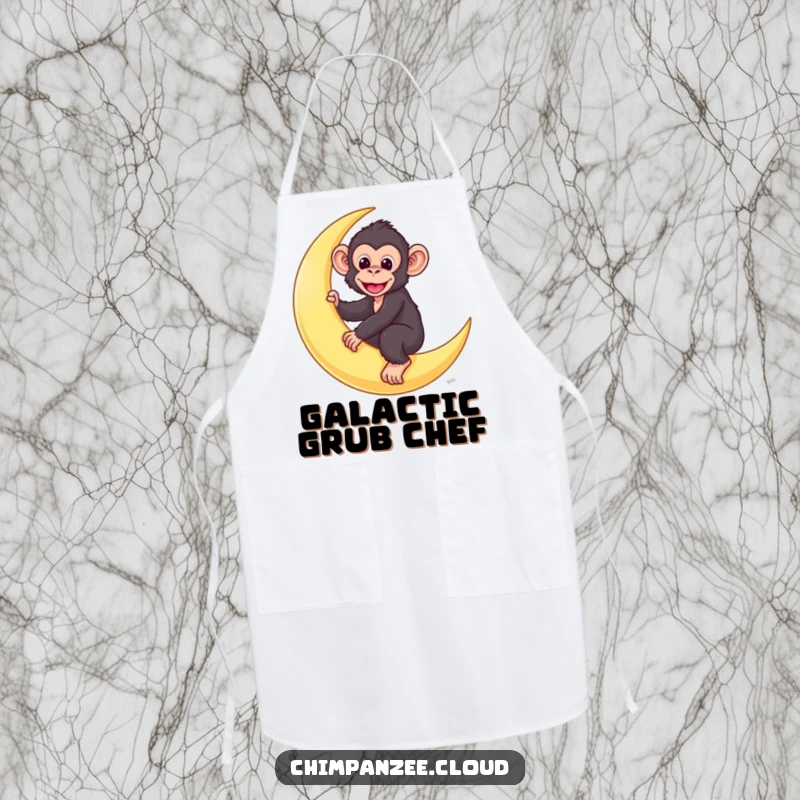 Funny chimp apron featuring a cute chimpanzee character riding a crescent moon.