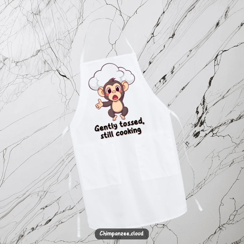 Funny chimpanzee looking surprised as a cloud gently tosses it, featured on an apron for whimsical kitchen protection.