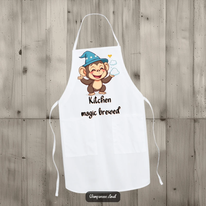Funny chimpanzee wizard conjuring cloud shapes, wearing a whimsical apron for magical kitchen adventures.