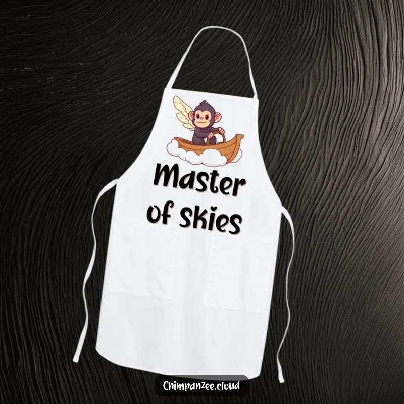 Funny chimpanzee captaining a cloud boat on a kitchen apron, making cooking a humorous and delightful activity.