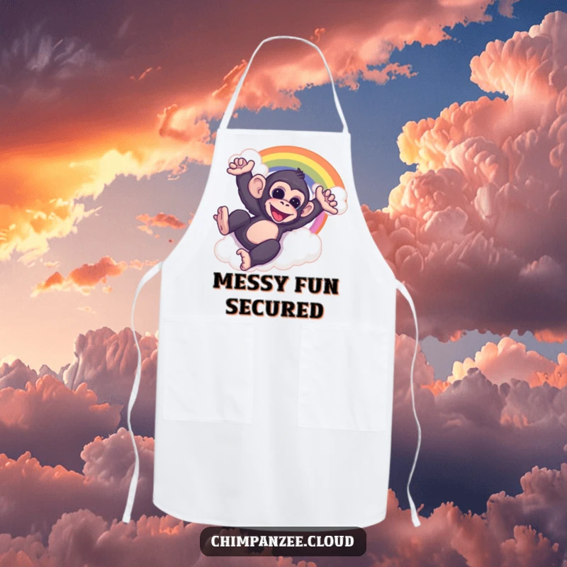 Funny chimp sliding down a cloud rainbow, wearing a chef apron, ready to cook with playful excitement.