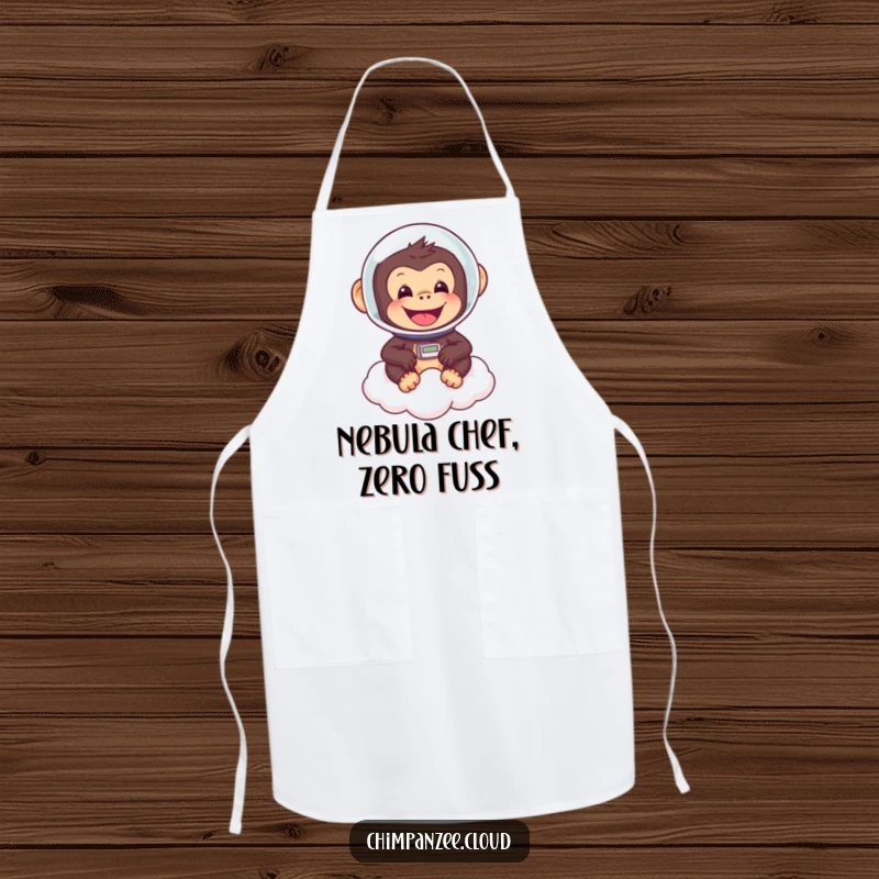 Funny chimpanzee astronaut helmet, floating on a cloud, ready to cook, whimsical apron for kitchen fun.