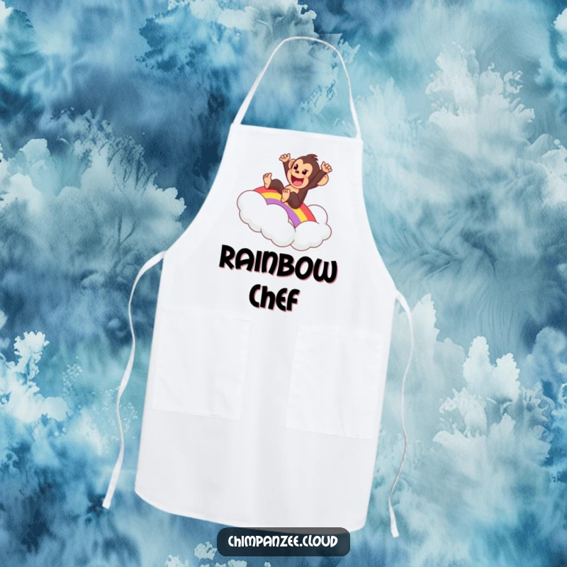 Funny apron featuring an excited chimpanzee sliding down a rainbow onto a cloud, a whimsical and functional accessory.