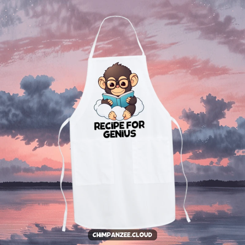Funny Chimp Chef Apron: A fluffy chimpanzee in glasses reads a book on a cloud, bringing humor to kitchen activities.
