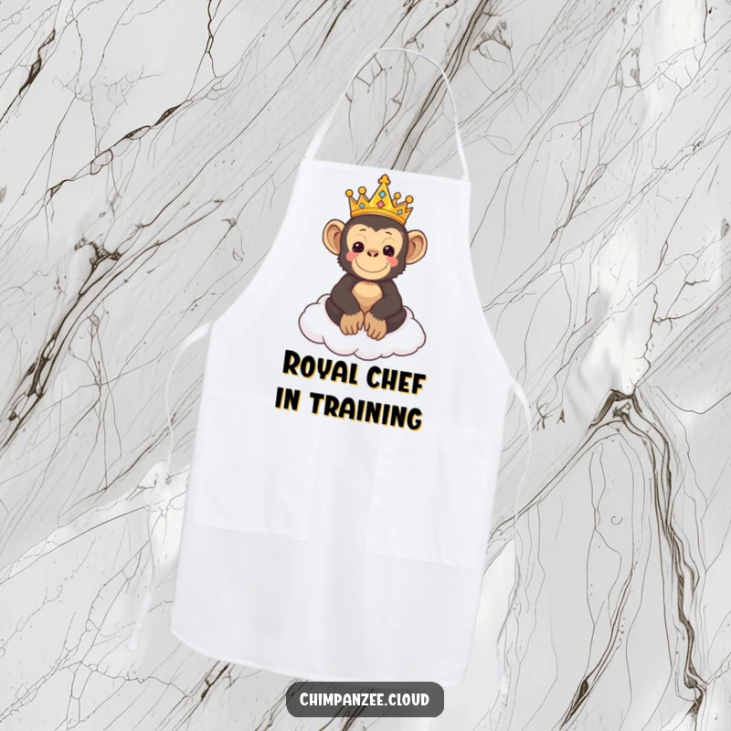 Funny apron featuring a cute chimpanzee king with a crown, seated on a cloud throne, overseeing culinary kingdom.