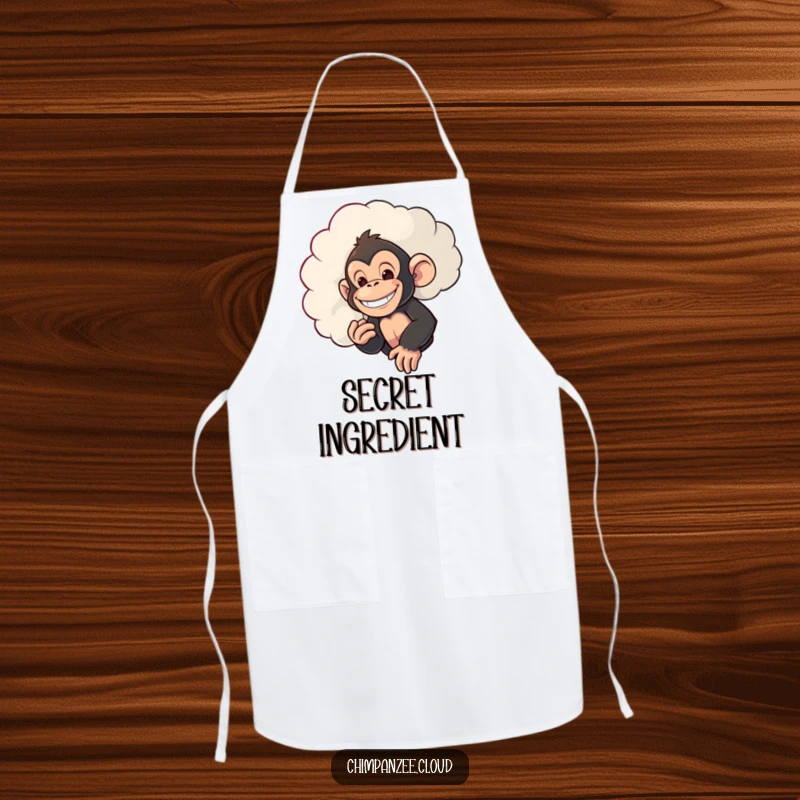 Funny apron showcasing a mischievous chimpanzee with a grin, peeking from behind a cloud, bringing playful fun to kitchen tasks.