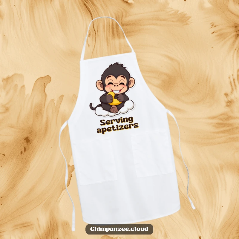Funny chimp apron featuring a grinning chimpanzee holding a banana, relaxed on a cloud, great funny gift.