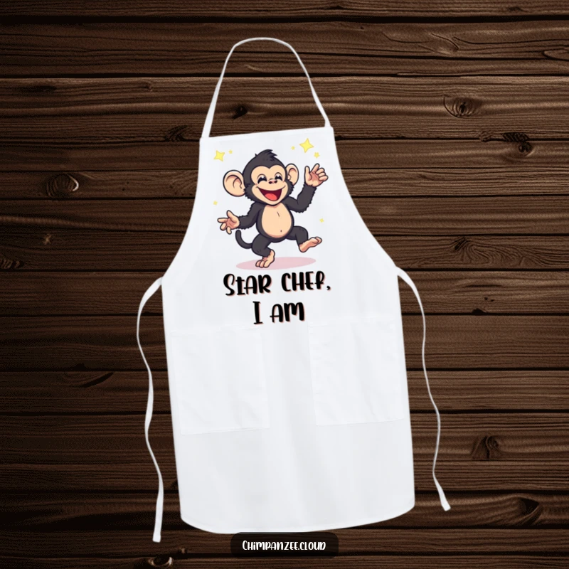 Funny chimpanzee apron, energetic character dancing amidst shimmering star dust, perfect for a humorous and functional kitchen accessory.