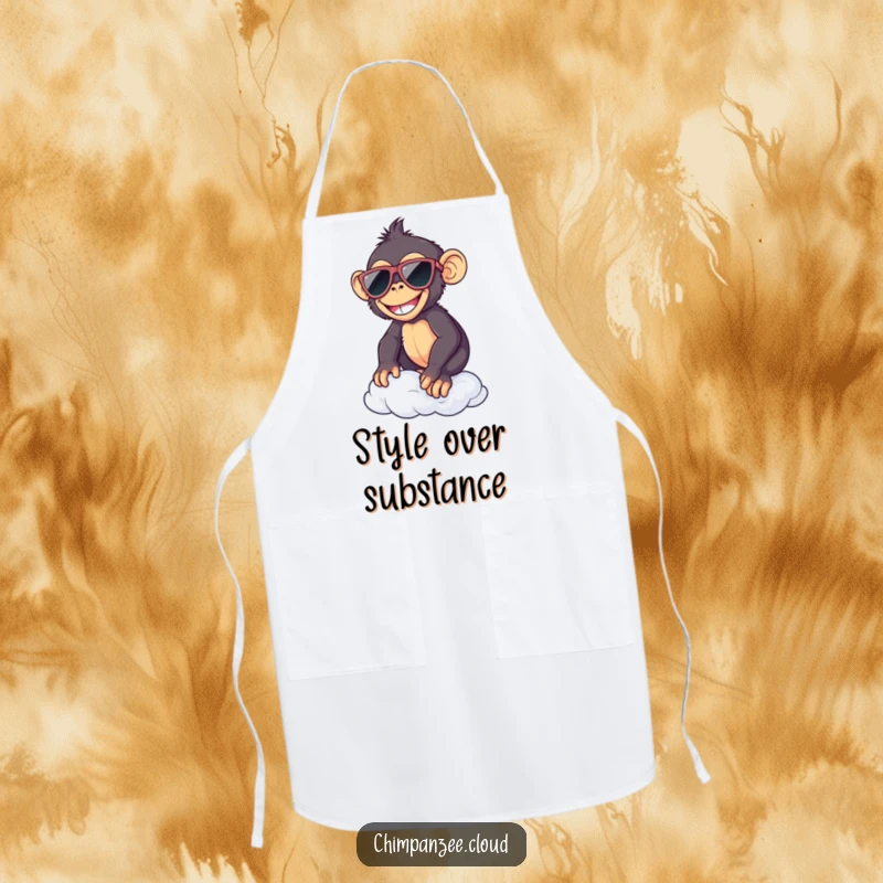 Funny chimp in sunglasses, balancing on a cloud, wearing a chef apron, ready to cook with humor.