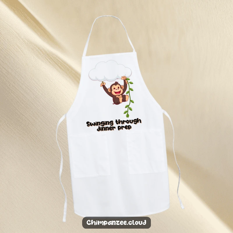Funny chimpanzee character swinging from a cloud, featured on a durable apron ready for kitchen antics and humorous cooking.