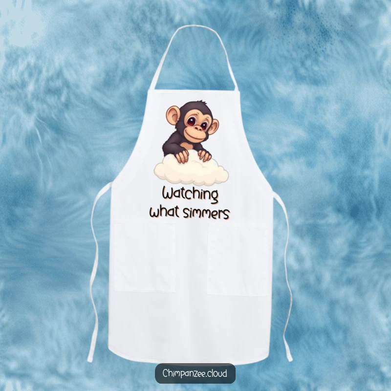 Funny chimp peeking over a cloud's edge, wearing a chef apron, ready to explore new recipes.
