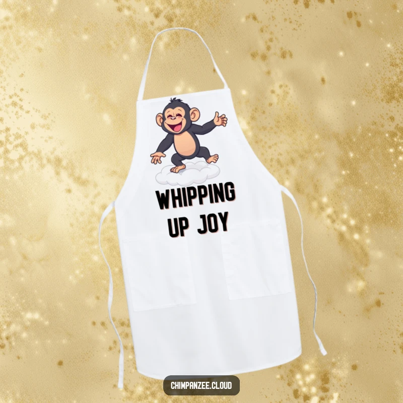 Funny Apron: A cheerful chimpanzee happily dancing on a cloud, perfect for a cook who loves to have fun.