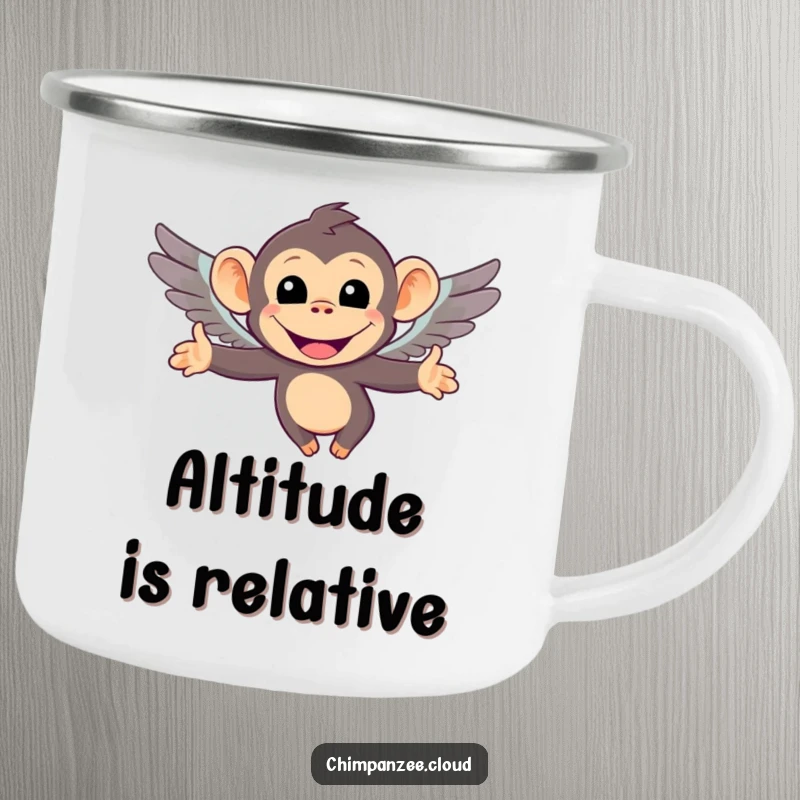 Funny camping mug showing a smiling chimpanzee with tiny wings, ready for an adventure. Durable and humorous for outdoor enthusiasts.