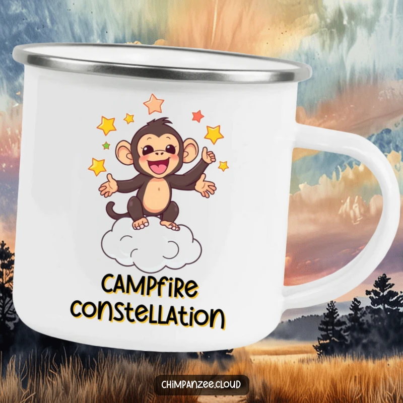 Funny camping mug with an adorable chimpanzee juggling colorful stars above a cloud, perfect for outdoor cosmic enjoyment.