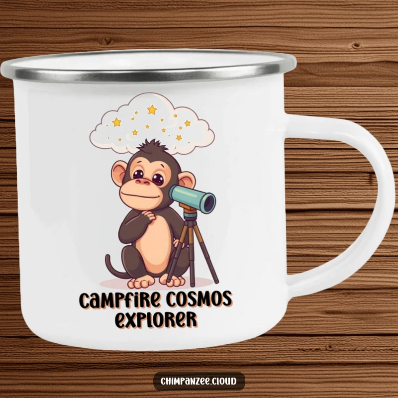 Funny Chimp Camping Mug: Curious chimpanzee with telescope on a cloud, stargazing, perfect for outdoor humor, a funny gift.