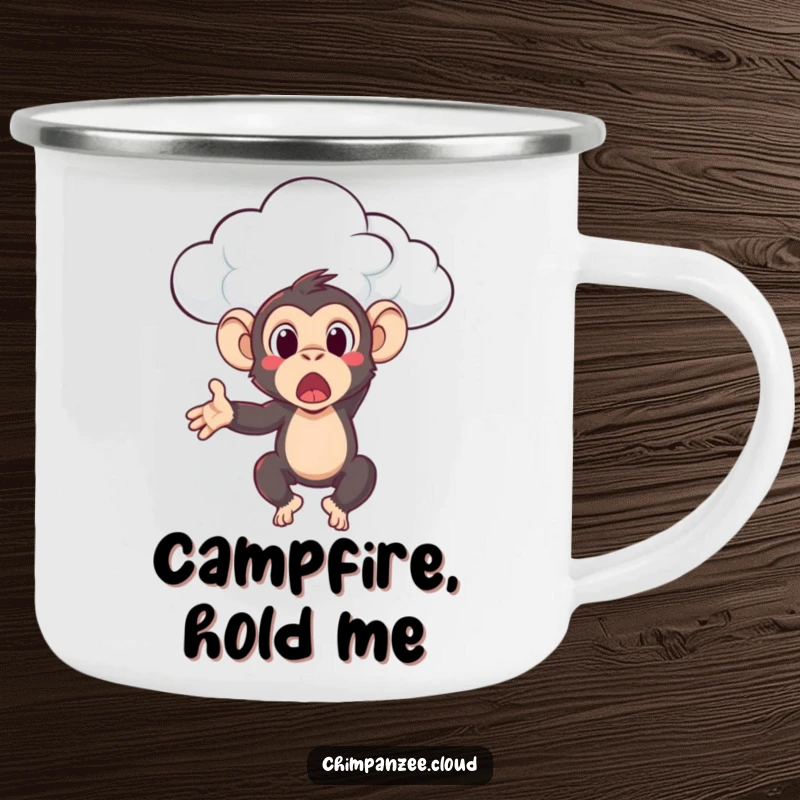 Funny chimpanzee looking surprised while being tossed by a cloud, on a durable camping mug for humorous outdoor enjoyment.