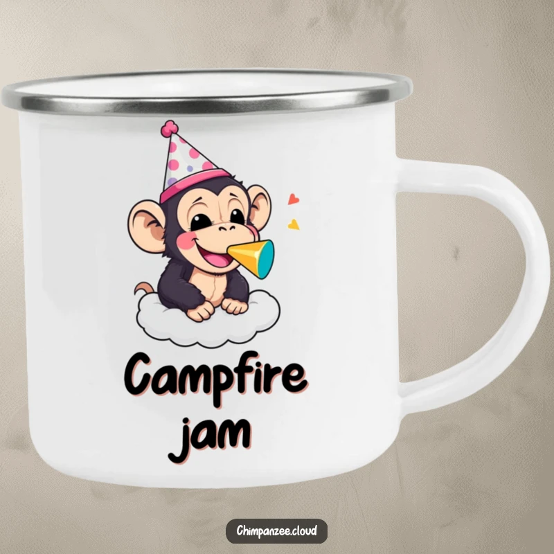 Funny chimpanzee in a party hat blowing a noisemaker on a cloud, perfect for camping mugs, bringing festive humor to outdoor celebrations.