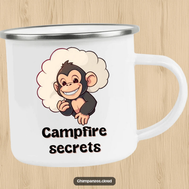 Funny camping mug with a mischievous chimpanzee peeking from behind a cloud, perfect for outdoor drinks with a playful twist.