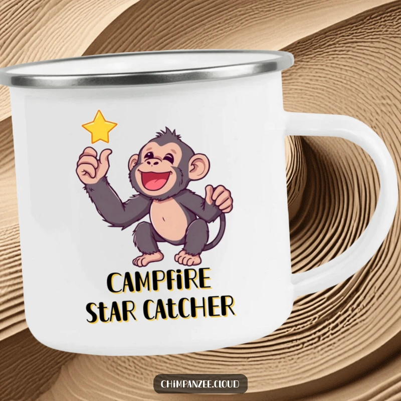 Funny chimp reaching for a twinkling star, holding a rugged camping mug, symbolizing outdoor aspirations.