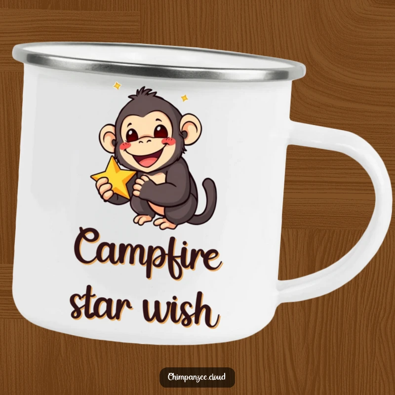 Funny camping mug with a smiling chimpanzee holding a star, perfect for outdoor drinks filled with joy and delight.