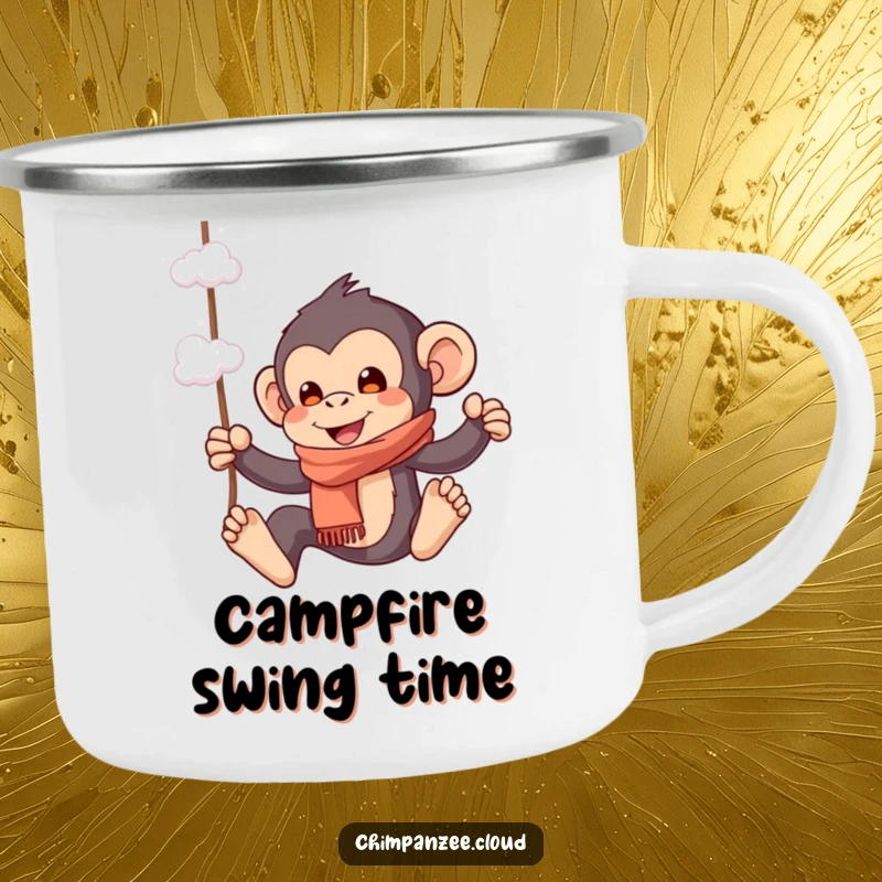 Funny camping mug with a playful chimpanzee in a scarf swinging from cloud wisps, perfect for outdoor drinks with whimsical flair.