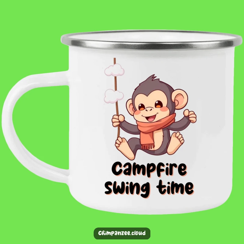 Funny Playful Chimp Camping Mug: Chimpanzee Swinging Cloud, Outdoor Whimsy