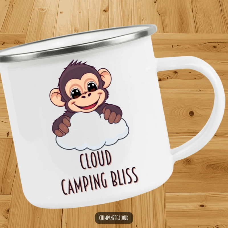 Funny chimpanzee camping mug, cheeky character peeking over a cloud with a wide, cheerful grin, ideal for outdoor humor.