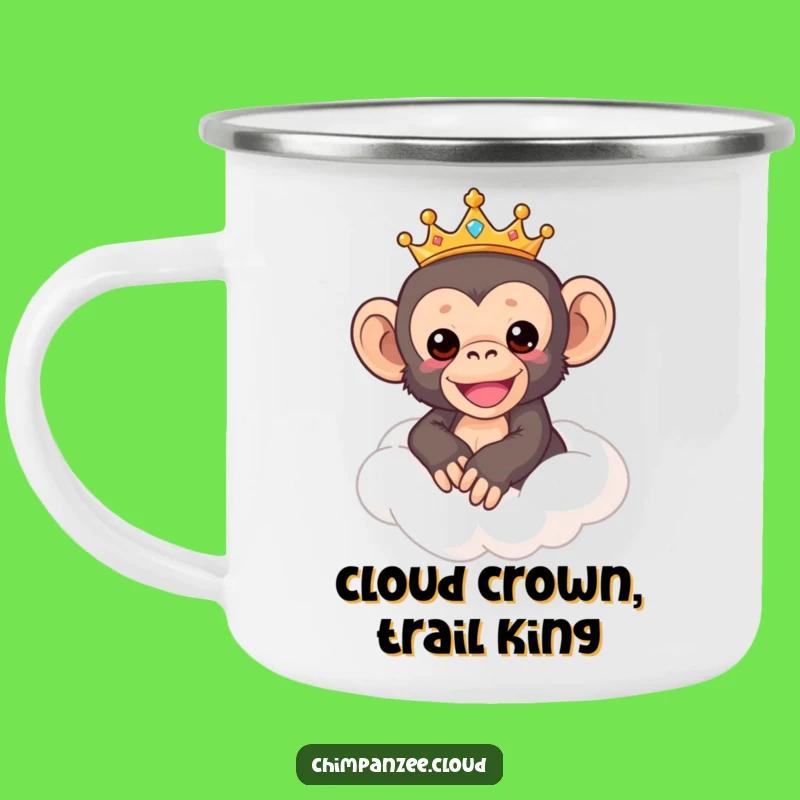Funny Chimp Camp Mug: Rugged Crowned Chimpanzee on Cloud, Adventure Funny Gift!