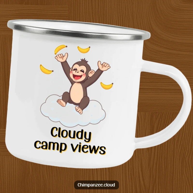 Funny chimpanzee juggling bananas on a fluffy cloud, a durable camping mug, ideal funny gift for outdoor lovers.