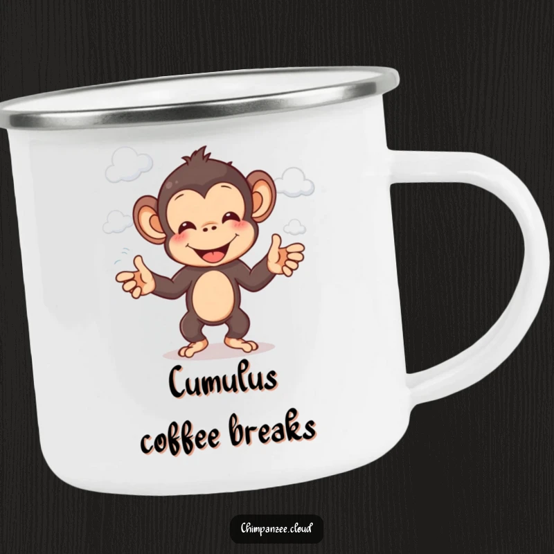 Funny chimp camping mug showing a cheerful chimpanzee character juggling fluffy white clouds.