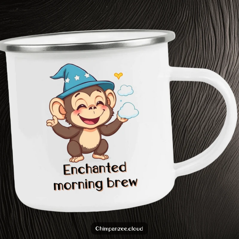 Funny chimpanzee wizard conjuring cloud shapes, durable camping mug for enchanted outdoor journeys.