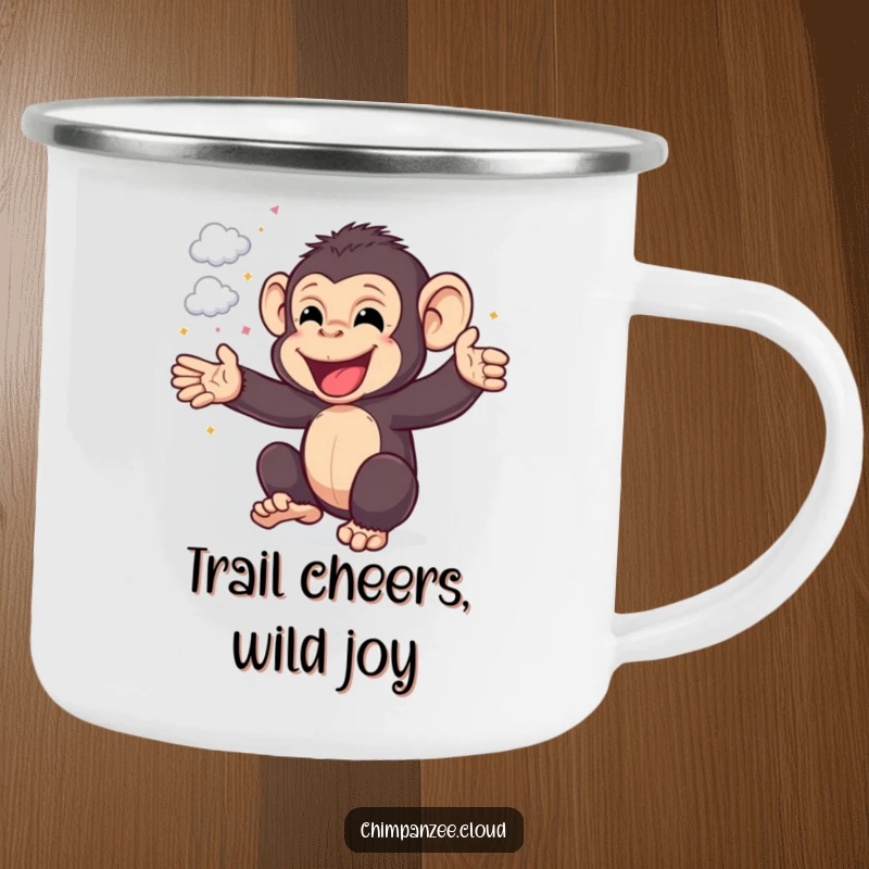 Funny Chimp Camping Mug: Cheerful chimpanzee celebrating with cloud confetti, perfect for outdoor joy and a funny adventure gift.