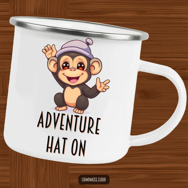 Funny camping mug showing a happy chimpanzee wearing a small hat and waving hello.